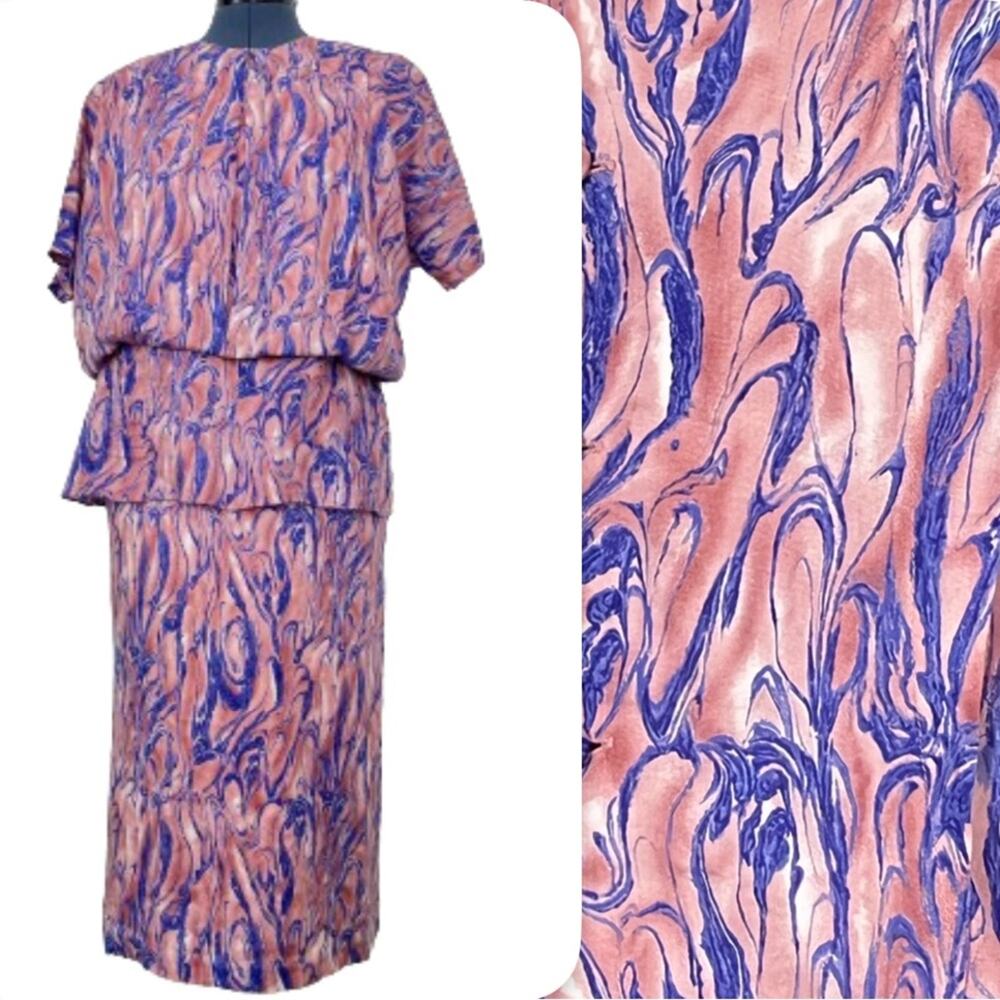 Vintage Pink and Purple Swirl Dress Peplum Blouson Ruched Marbled Psychedelic